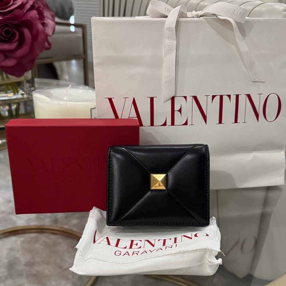 Valentino Black Card Holder Wallet with Gold Accent
